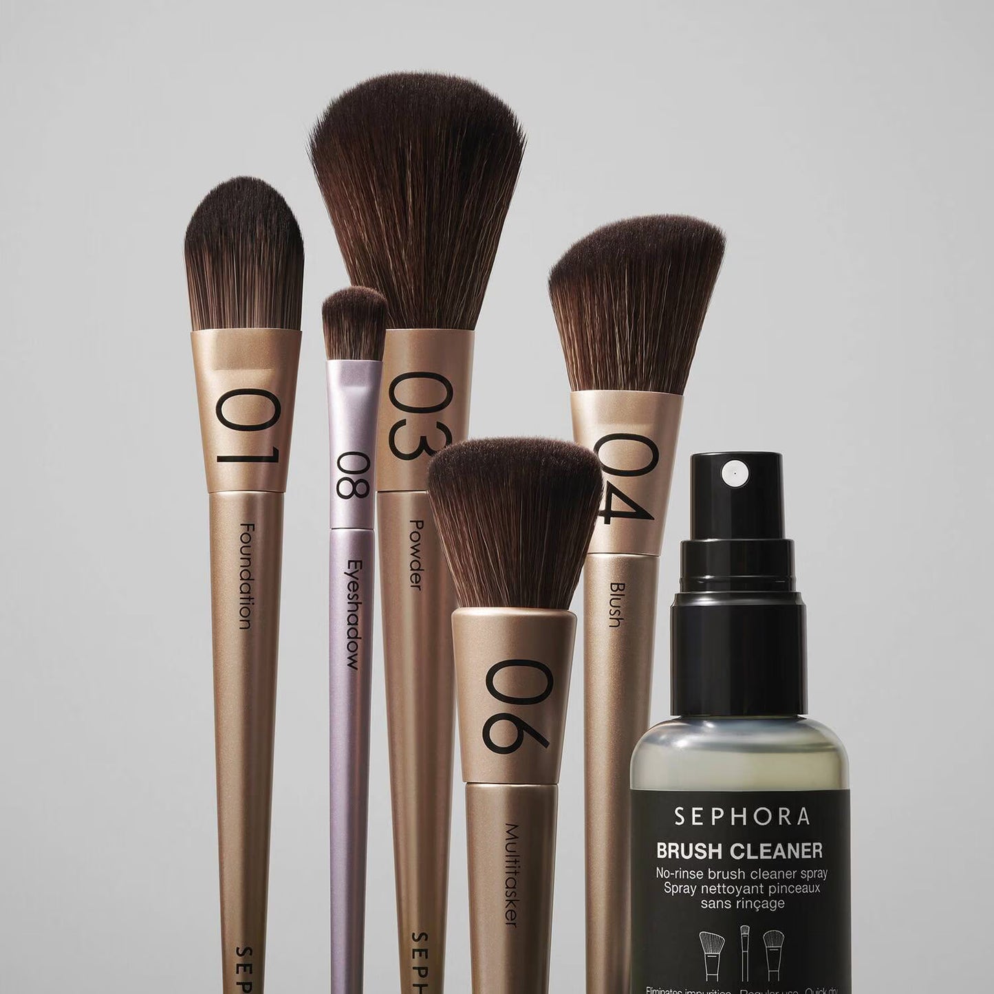 No-Rinse Brush Cleaner Spray for quick cleaning of makeup brushes.