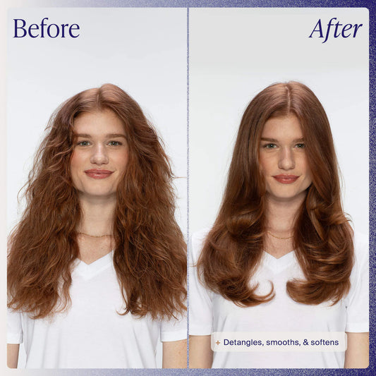 Before and after using Blow-Dry Spray Frizz Control Heat Protectant for smooth hair.