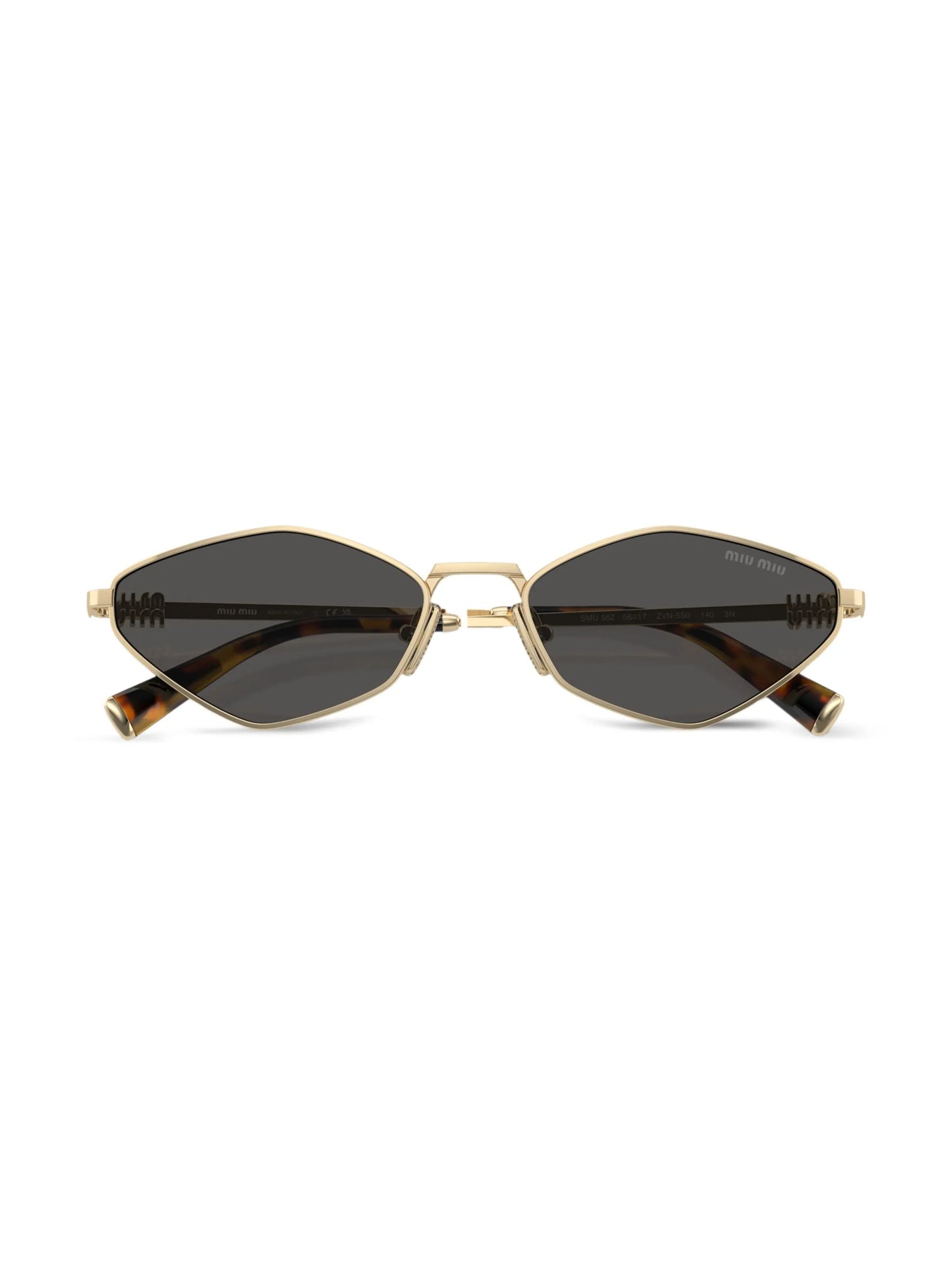 Miu Miu geometric sunglasses with gold frame and dark tinted lenses