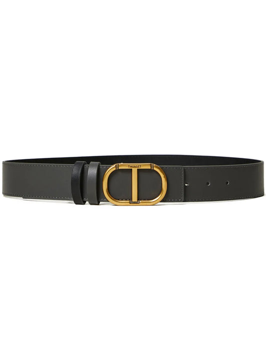 Twinset Reversible Grey Calf Leather Adjustable Belt with Gold Logo