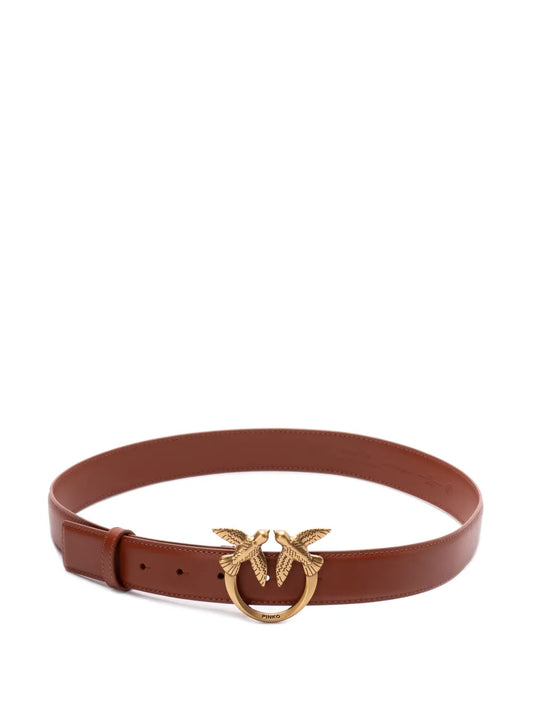 PINKO Geode Brown Love Birds Adjustable Buckle Leather Belt