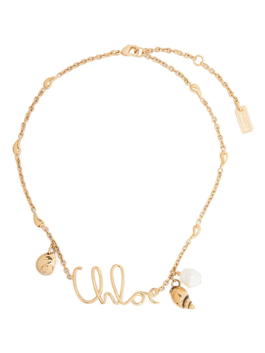 Chloé Gold Tone Necklace with Shell Pendant and Faux Pearl Details