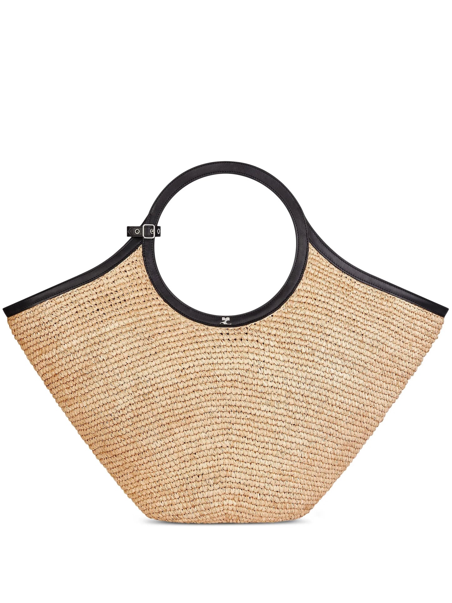 Woven straw tote bag with circular handles and black leather trim