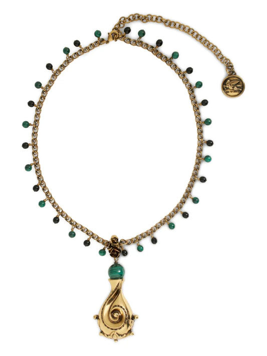 ETRO Gold Tone Paisley Pendant Necklace with Bead Detailing and Lobster Clasp
