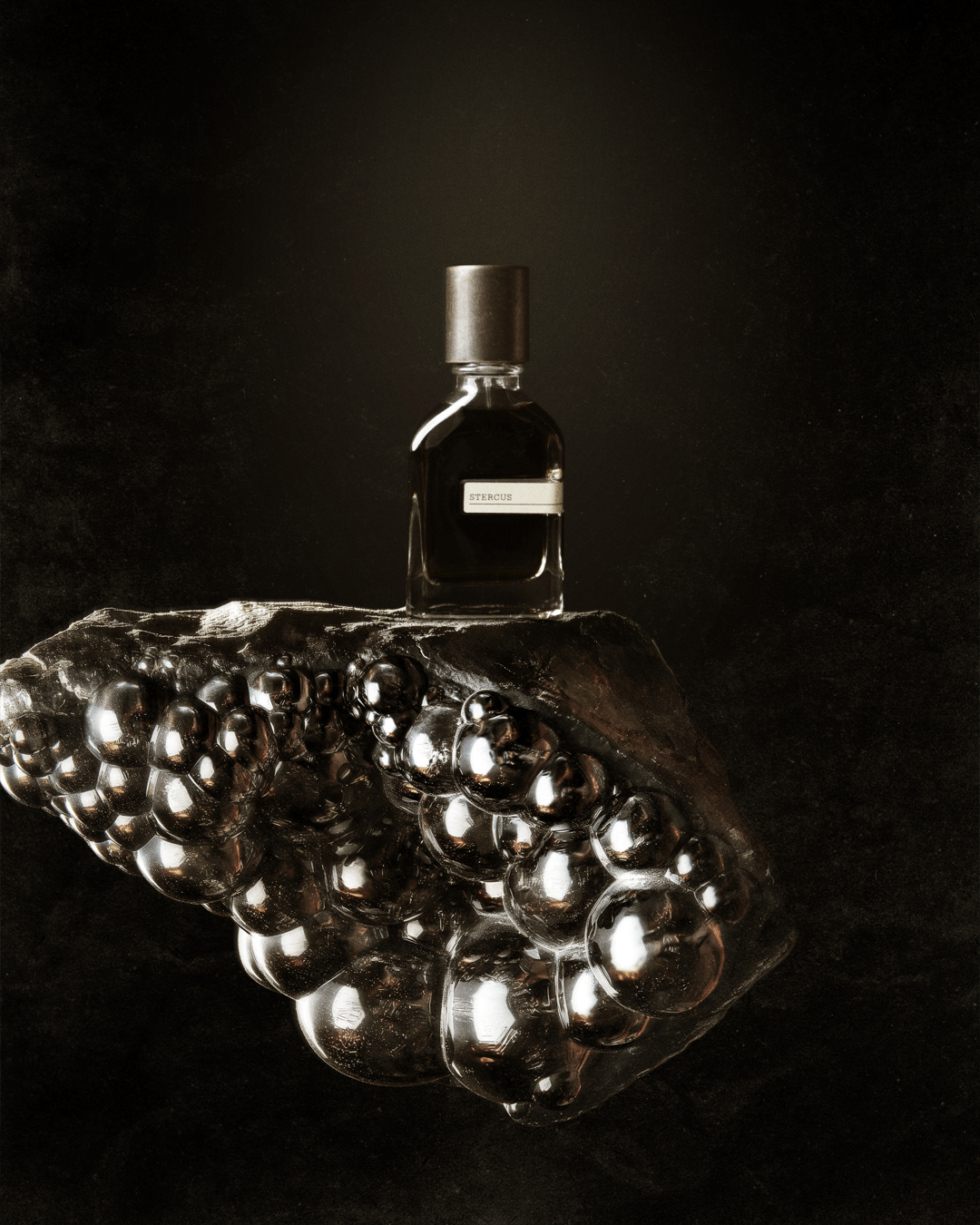 STERCUS perfume on elegant glossy stone, symbolizes life's cycle.
