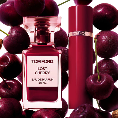 TOM FORD Lost Cherry Eau de Parfum Fragrance with Black Cherry & Rose bottle surrounded by cherries.