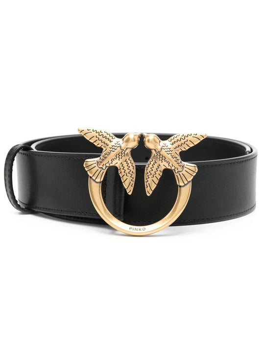 Pinko black leather belt with gold bird buckle for stylish outfits