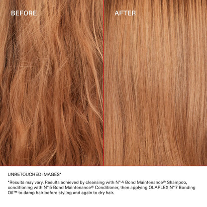 Before and after using No. 7 Bonding Frizz Reduction & Heat Protectant Hair Oil.