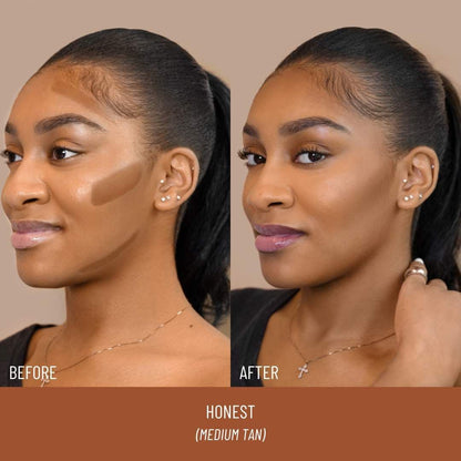 Before and after using No Limits Cream Bronzer and Contour Stick.