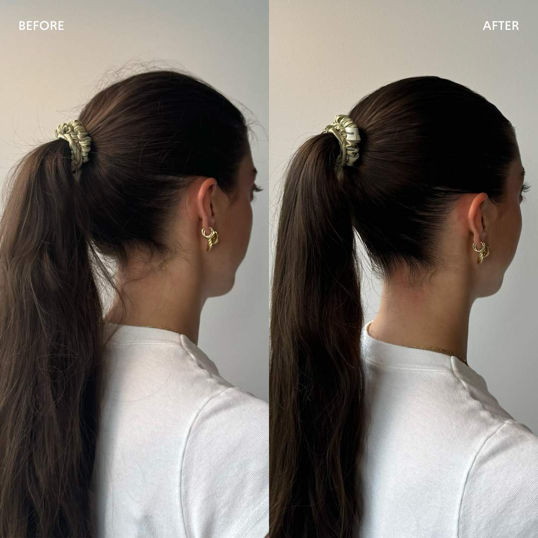 Crown Affair The Slick Back Ritual Hair Set before and after styling results.