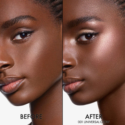Before and after using Backstage Glow Maximizer Face Palette for glowing skin.