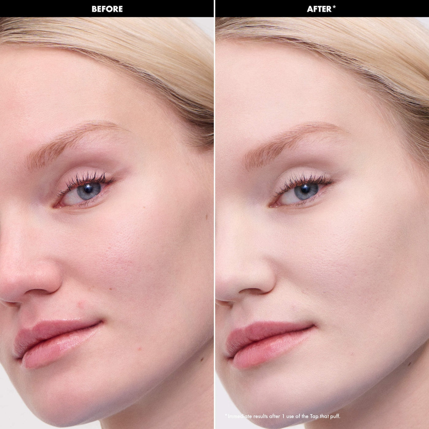 Tap That Puff Makeup Sponge before and after application showing flawless skin.