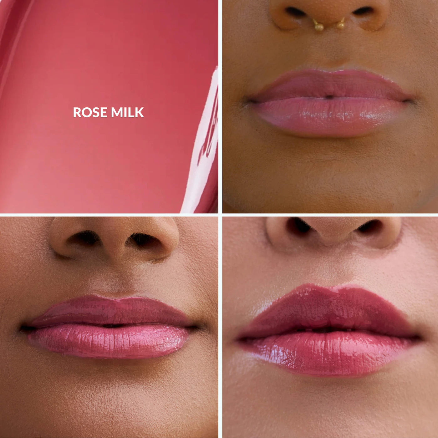 Hydrating Glossy Fruit Lip Stain with Rose Milk, glossy and plumping.