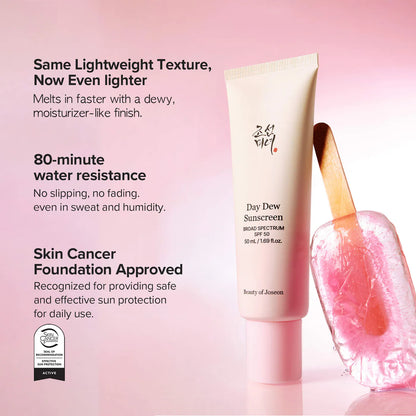 Day Dew Sunscreen Lightweight SPF 50 for glowing skin and hydration.