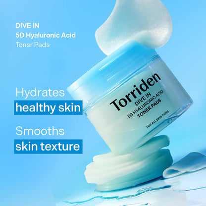 DIVE IN 5D Hyaluronic Acid Toner Pads for Deep Hydration & Exfoliation, hydrates healthy skin and smooths skin texture.