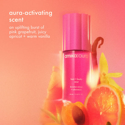 Hair & Body Mist with Vanilla and Pink Grapefruit for uplifting fragrance.