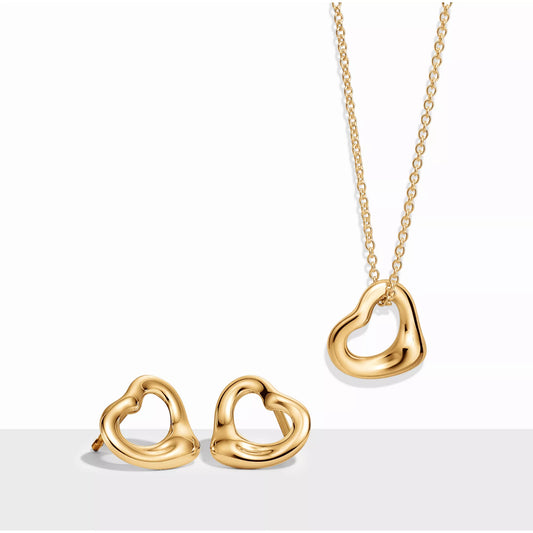 Elsa Peretti Open Heart Pendant and Earrings Set in Yellow Gold